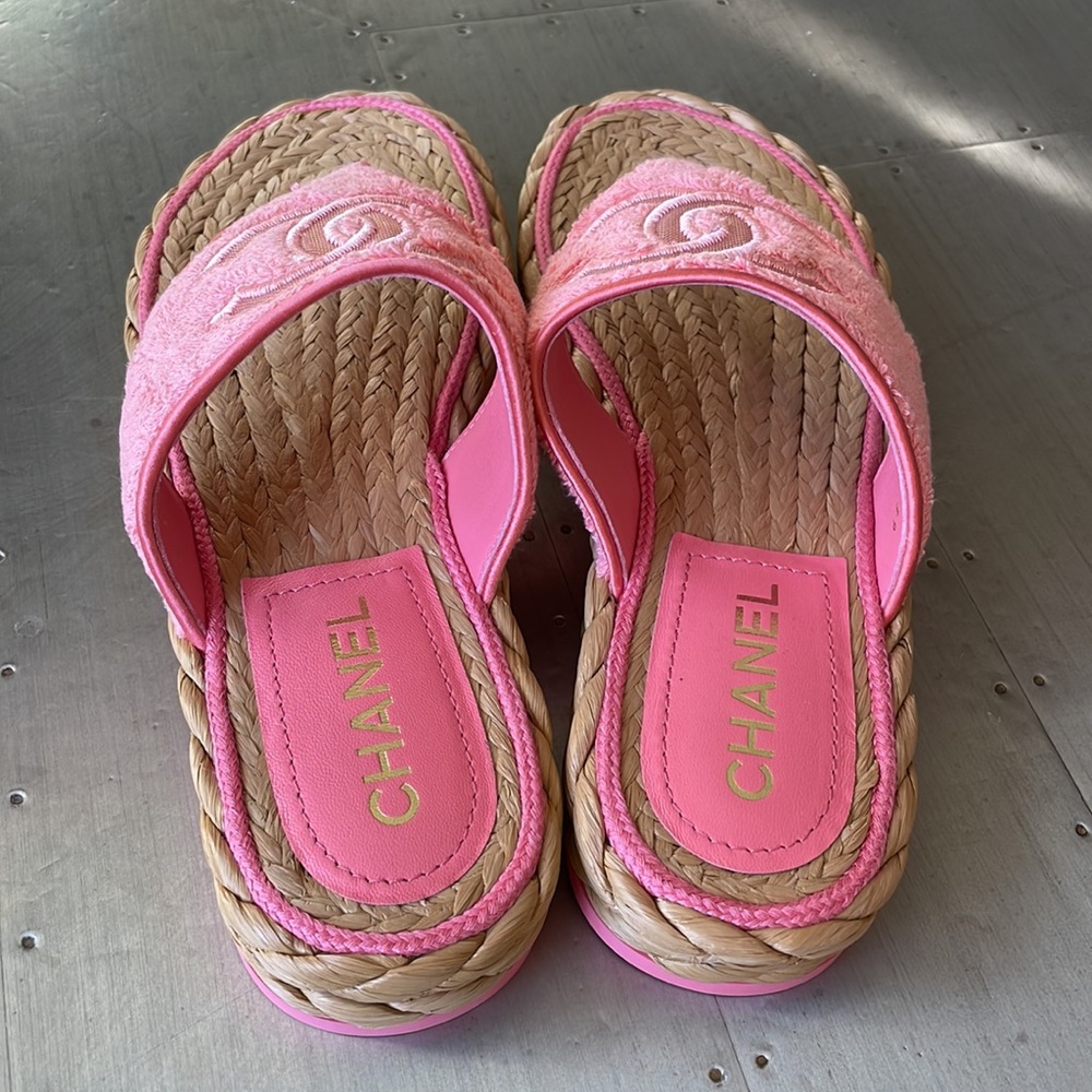 Chanel pink coral terry thong sandal flats woven braided raffia sz 39 - Picture 5 of 11